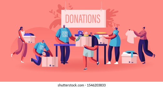 Donation and Charity Concept. Male and Female Characters Bringing Boxes with Different Things and Clothes for Poor People who Appears in Complicated Life Situation. Cartoon Flat Vector Illustration