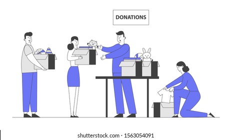 Donation and Charity Concept. Male and Female Characters Bringing Boxes with Toys and Clothes for Poor People and Kids Appears in Complicated Life Situation. Cartoon Flat Vector Illustration, Line Art