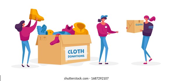 Donation and Charity Concept. Male and Female Characters Bringing Boxes with Different Clothes for Poor People who Appears in Complicated Life Situation, Social Altruism. Cartoon Vector Illustration