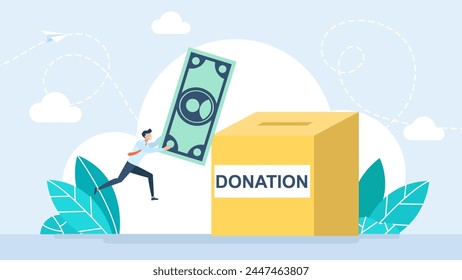 Donation and charity concept. Man donating for charity. Volunteer collecting and putting money in donation boxes. Charity and financial support concept. Flat cartoon vector illustration