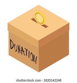 Donation and charity concept. Putting coin into box for donation. Isometric view. Vector