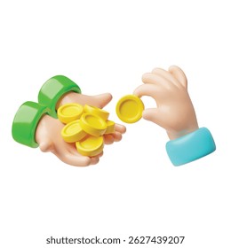 Concepto de donación y caridad. Entrega las manos y toma la moneda de oro. Ilustración vectorial de dibujos animados 3D. Recibir dinero en efectivo en dólares estadounidenses. Ayuda voluntaria, organización de Asistencia social