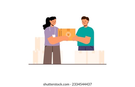 Concepto de donación y caridad clasificando juguetes donados en cajas para niños pobres ilustración