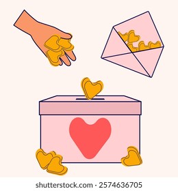 Donation and charity concept stickers. Hands holding heart shaped coins. Donation box and envelope with coins. Modern isolated vector illustration.