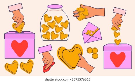 Donation and charity concept stickers. Hands holding heart shaped coins. Donation box and envelope with coins. Modern isolated vector illustration.