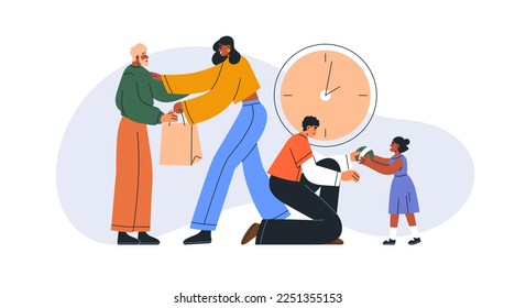 Donation, charity concept. Volunteers donating, giving gift for senior, elderly people and children, kids. Charitable help, support, philanthropy. Flat vector illustration isolated on white background