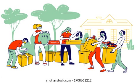 Donation and Charity during Covid19 Pandemic. Volunteers Characters in Medical Masks Bringing Boxes with Clothes for Poor Homeless People in Complicated Life Situation. Linear Vector Illustration