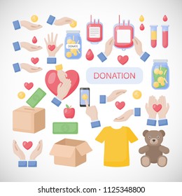 Donation and charity flat vector icon set, flat design of donation, charity or fundraising icons isolated on the white background, vector illustration