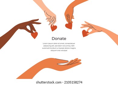 Donation, Charity Foundation Concept. Diversity Human Hands Give Heart Shapes. People Donate Money, Blood, Sharing Love For Needy. Advert Social Care Poster Template. Helping Hand Vector Illustration