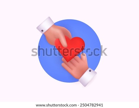Donation, charity foundation concept. Diversity human hands give heart shapes. People donate money, blood, sharing love for needy. 3D Web Vector Illustrations.