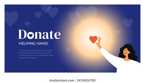 Plantilla de concepto de donación, fundación benéfica. Mujeres sosteniendo la luz del corazón oscuro por amor. Donar dinero, sangre, dar ayuda, banner de atención social. Ayuda a la ilustración vectorial de mano. Elemento de diseño, afiche