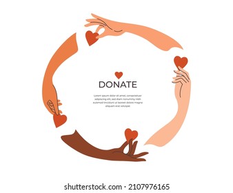 Donation, charity foundation template. Diversity human hands forming circle give heart shapes. People donate money concept, blood, sharing love to needy. Social care, helping hand vector illustration