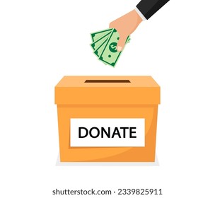 Donation and charity. Hand puting money into donation box. Donate, volunteering and giving money. Vector illustration.