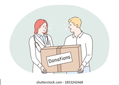 Donation, charity, humanitarian help concept. Young woman doctor and man volunteer cartoon characters standing and holding big box with donations in hands. Volunteering, support, assistance 