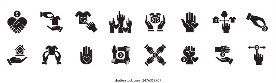 Donation and charity icon set. Clothe, home and food donation icons set. Fund donate sign. Volunteer symbol. Vector stock icons collection in thin line style design.