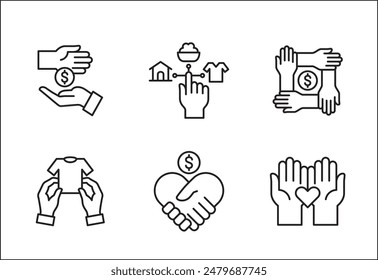 Conjunto de iconos de donaciones y caridad. Conjunto de iconos de donación de ropa, casa y alimentos. Signo de donación de fondos. Símbolo de voluntario. Vector colección de iconos de stock en diseño de estilo de línea delgada.