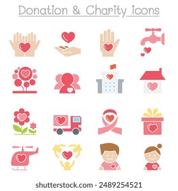 Donation  Charity icon set in flat color style