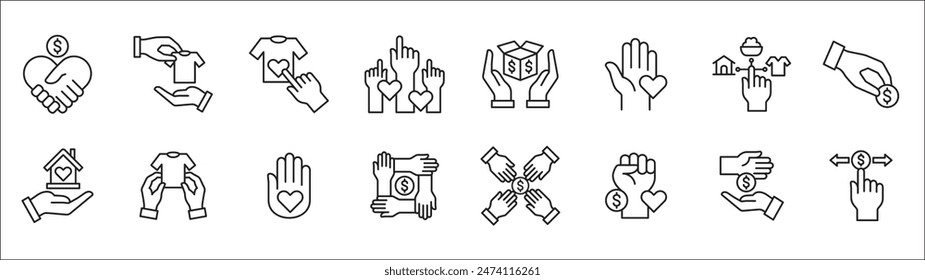 Donation and charity icon set. Fund donate sign. Clothe, home and food donation icons set. Volunteer symbol. Vector stock icons collection in thin line style design.
