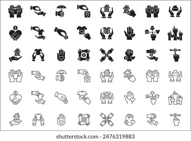 Donation and charity icon set. Fund donate sign. Clothe, home and food donation icons set. Volunteer symbol. Vector stock icons collection in thin line style design.