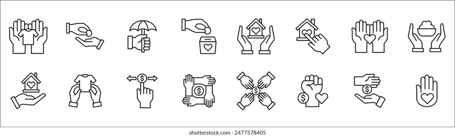 Donation and charity icon set. Fund donate sign. Clothe, home and food donation icons set. Volunteer symbol. Vector stock icons collection in thin line style design.