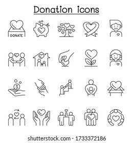 Donation & Charity icons set in thin line style