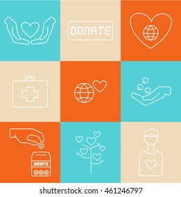 Donation and charity icons. Vector line style pictogram.  Graphic elements for donation centers and nonprofit organizations. Fundraiser symbols made in vector. Crowd funding. 