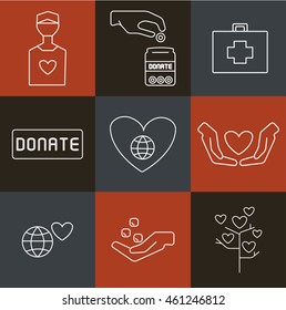 Donation and charity icons. Vector line style pictogram.  Graphic elements for donation centers and nonprofit organizations. Fundraiser symbols made in vector. Crowd funding. 
