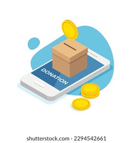Donation and charity isometric concept. 3d smart phone with donation money. Vector Illustration isolated.