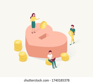 Donation and charity isometric concept. Small people make donations. Trendy flat 3d isometric style. Vector illustration.