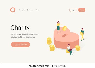 Donation and charity isometric concept. Small people make donations. Trendy flat 3d isometric style. Landing page template. Vector illustration.