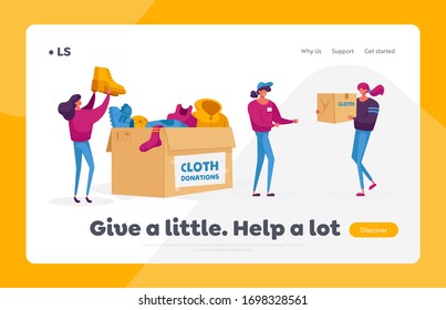 Donation and Charity Landing Page Template. Characters Bringing Boxes with Different Clothes for Poor People who Appears in Complicated Life Situation, Social Altruism. Cartoon Vector Illustration