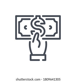 Donation and Charity line icon. Hand with Dollar Note vector outline sign.