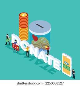 Concepto de ilustración vectorial isométrica 3d en línea de donación y caridad para banner, sitio web, página de inicio, anuncios, plantilla de volante