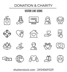 Donation and charity outline icon set. Isolated vector illustration. 