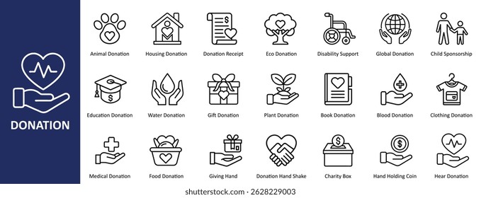 Donation Charity Outline Icon Set – Vector Line Art Collection. Donation Icon set