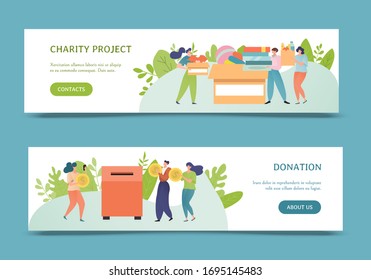 Donation, Charity Poster Banner Vector Illustration Design. Charitable Contribution Concept. People Donate Toys, Clothes, Book, Money. Man, Woman Cartoon Character Volunteer Give Coin In Donation Box.