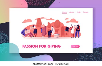 Donation Charity and Support to Beggars Website Landing Page. Volunteers Help Homeless Poor Unemployed People Living on Street Giving Food and Clothes Web Page Banner. Cartoon Flat Vector Illustration svg