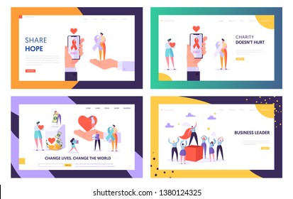 Donation, Charity, Volunteers Work and Leadership Website Landing Page Templates Set, Change World, Donate Healthy Transplantable Organ or Money. Web Page Cartoon Flat Vector Illustration, Banner