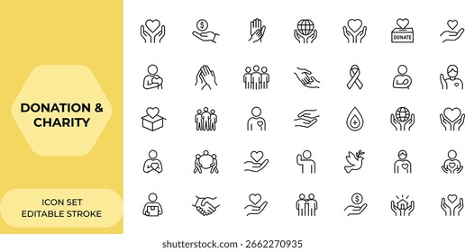 Conjunto de iconos de Web de donación y caridad en estilo de línea. Voluntariado, cuidado, solidaridad, limosna, ayuda, voluntariado, donación, caridad e íconos cariñosos para el Web y el App móvil. Trazo editable y más.