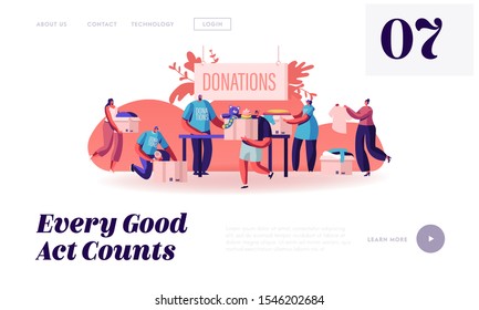 Donation and Charity Website Landing Page. Male and Female Characters Bringing Boxes with Different Things and Clothes for Poor People in Troubles Web Page Banner. Cartoon Flat Vector Illustration