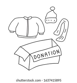 Donation clothes concept. Vector outline illustration on white background.