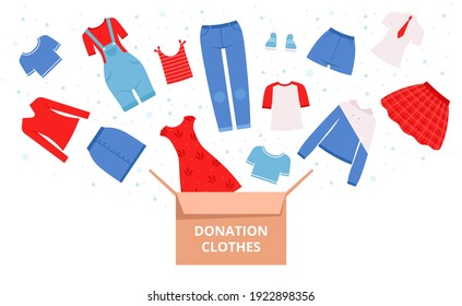 Donation clothes. Help urban needed clothes sweaters dresses pants for poor people nowaday vector illustrations in cartoon style