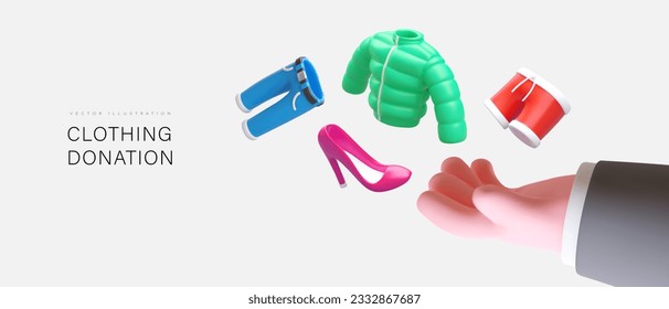 Donation of clothes and shoes. 3D hand holds out women and men clothes. Volunteering concept. Vector template for charity, fair, event. Illustration in cartoon style