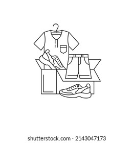 Donation of clothes and shoes. Vector, linear icon. A box containing items such as a t-shirt, sneakers and shorts. Help for those in need.