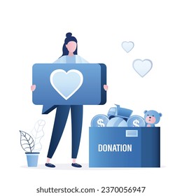 Donation concept banner. Happy woman holds big speech bubble with heart. Box with donations near. Toys, money in box. Female volunteer or social worker collects charity donations. Vector illustration