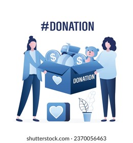 Donation concept banner. Happy women holds big box with donations. Toys and money in box. Female volunteers collected charity donations. Characters in trendy style design. Flat vector illustration