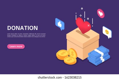 Donation Concept. Box For Charity. Volunteering And Cash Contributions. Flat Vector Isometric Illustration.