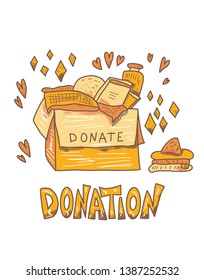 Donation concept. Box with stuff and text. Donate things with lettering isolated on white background. Vector color illustration. 