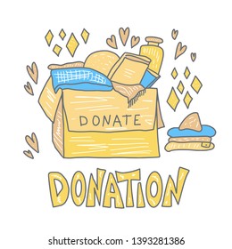 Donation concept. Box with stuff and text. Donate things with lettering isolated on white background. Vector color illustration. 