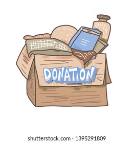Donation concept. Box with stuff and text. Donate things with lettering isolated on white background. Charity elements. Vector color illustration. 